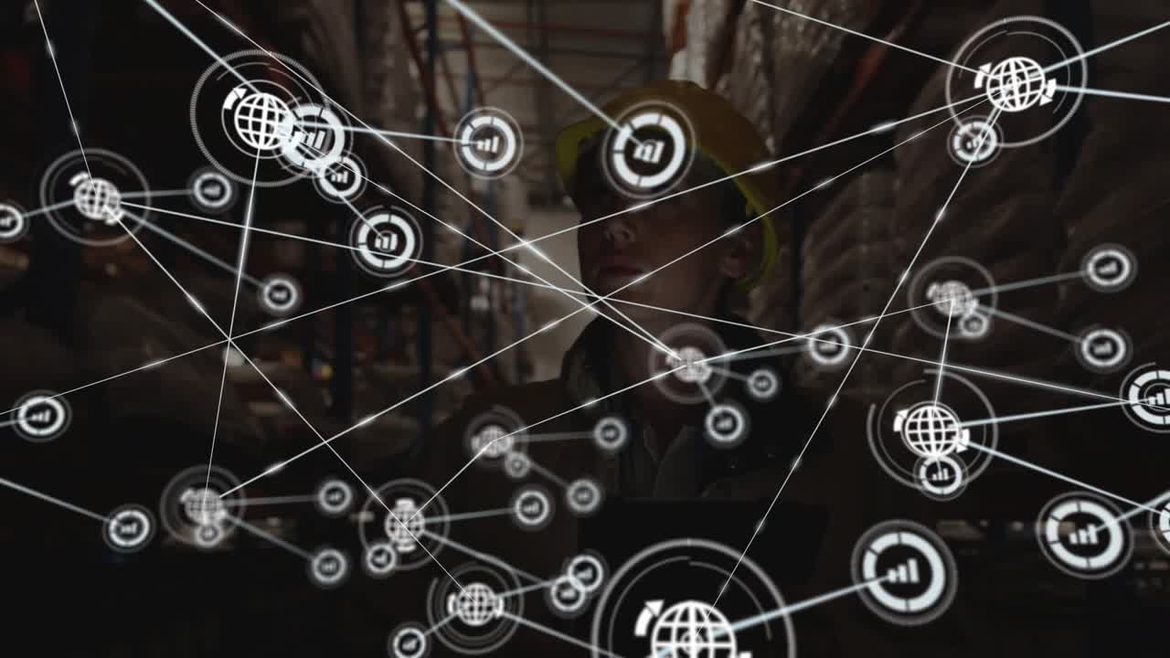 Woman warehouse worker tapping tablet, causing HUD network growth, covering racks, monitoring stock