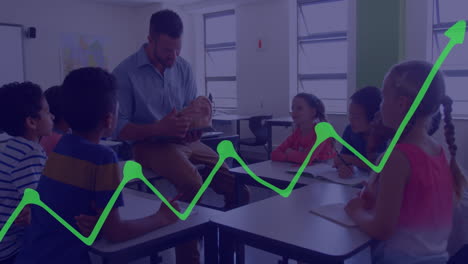 animación de gráficos financieros sobre diversos maestros y alumnos varones en el aula