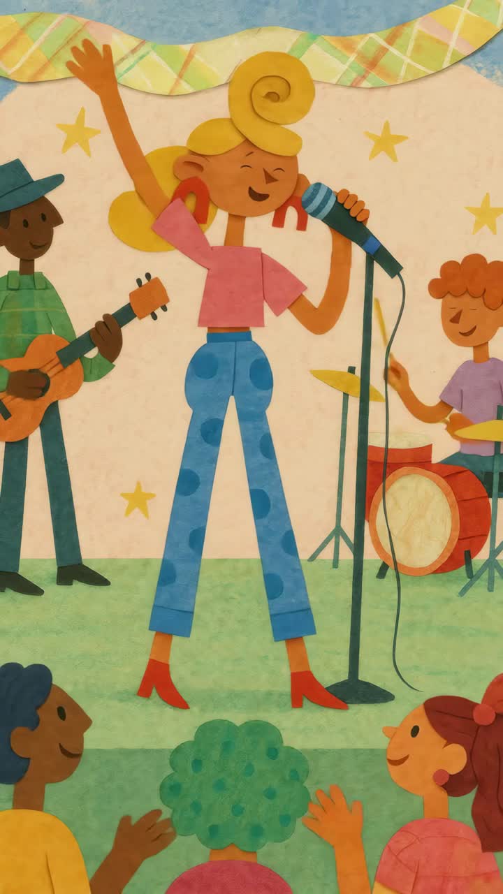 Whimsical illustration of a band performing on stage, captured from a low angle