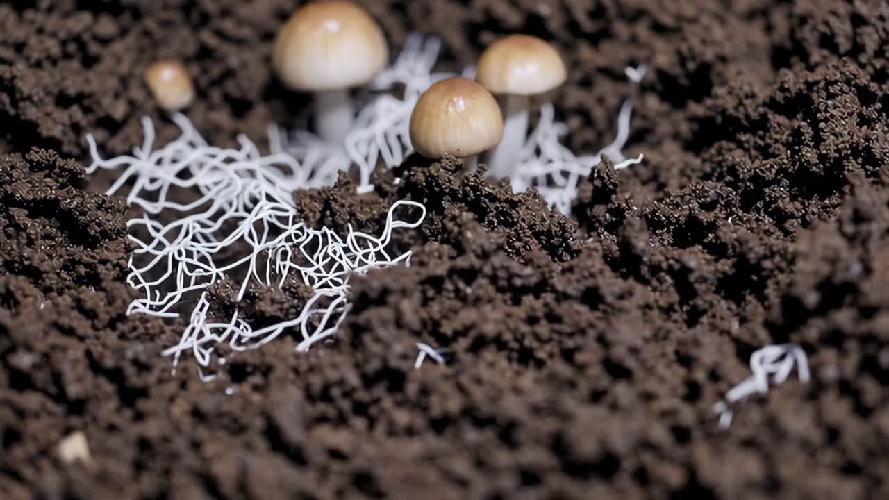 Mushrooms and Mycelium Growing in Soil