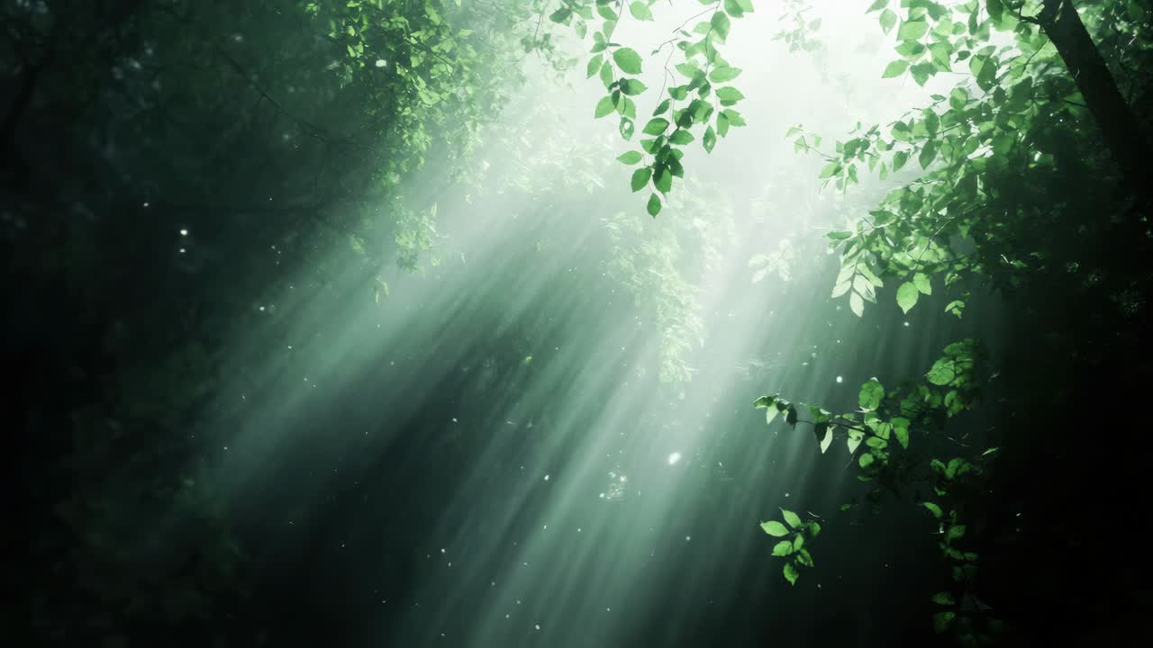 A serene forest scene with sunlight streaming through leaves, captured from a low angle