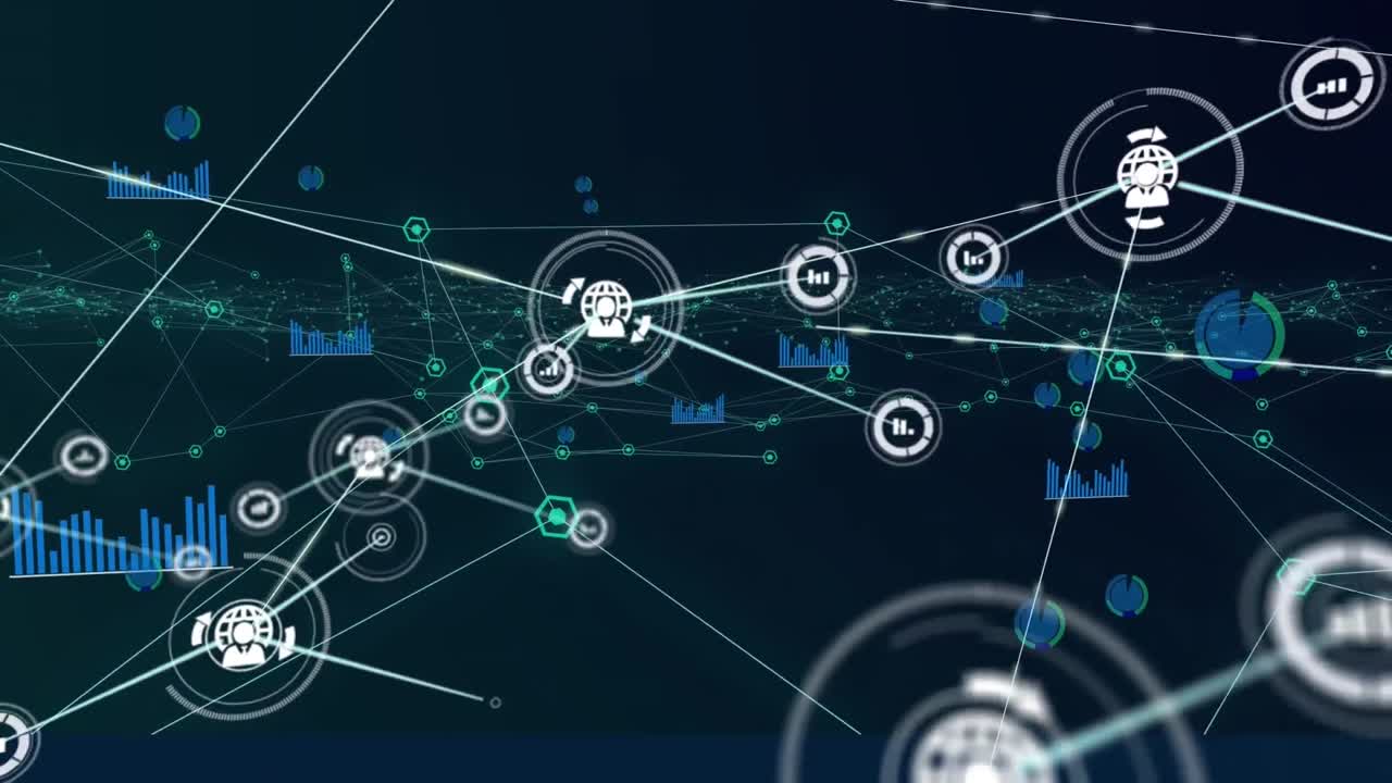 Animation of network of connections with icons over glowing blue statistics