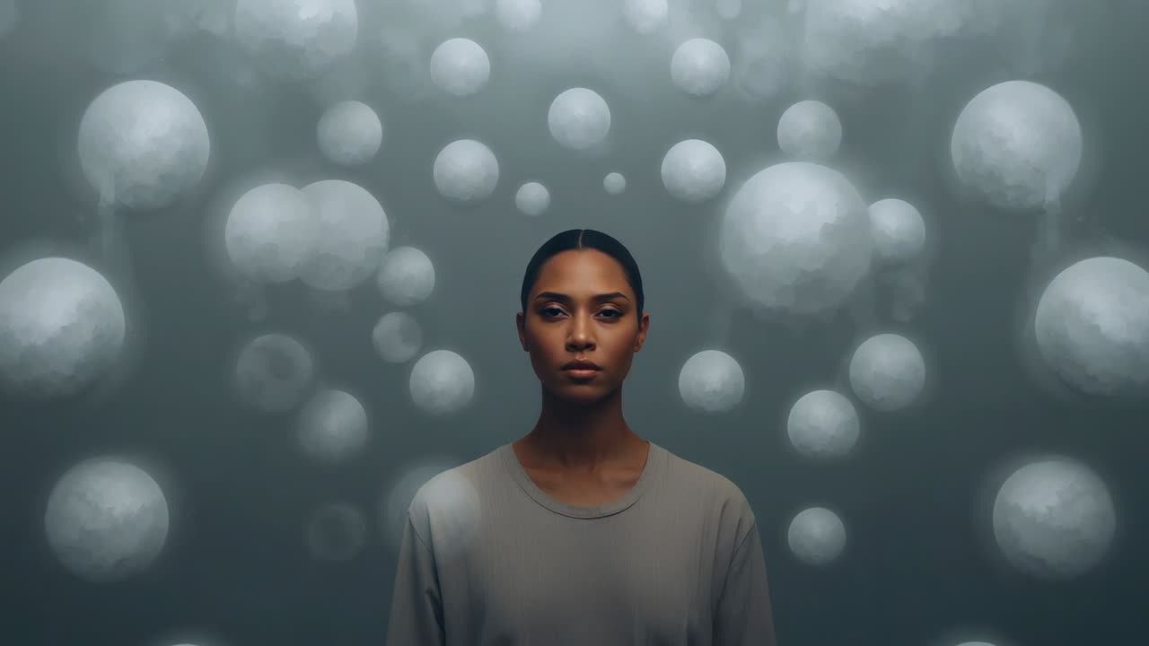 Donna che reagisce allo spostamento di sfere, apre gli occhi e si concentra su sfere luminose in uno studio, indossando un top