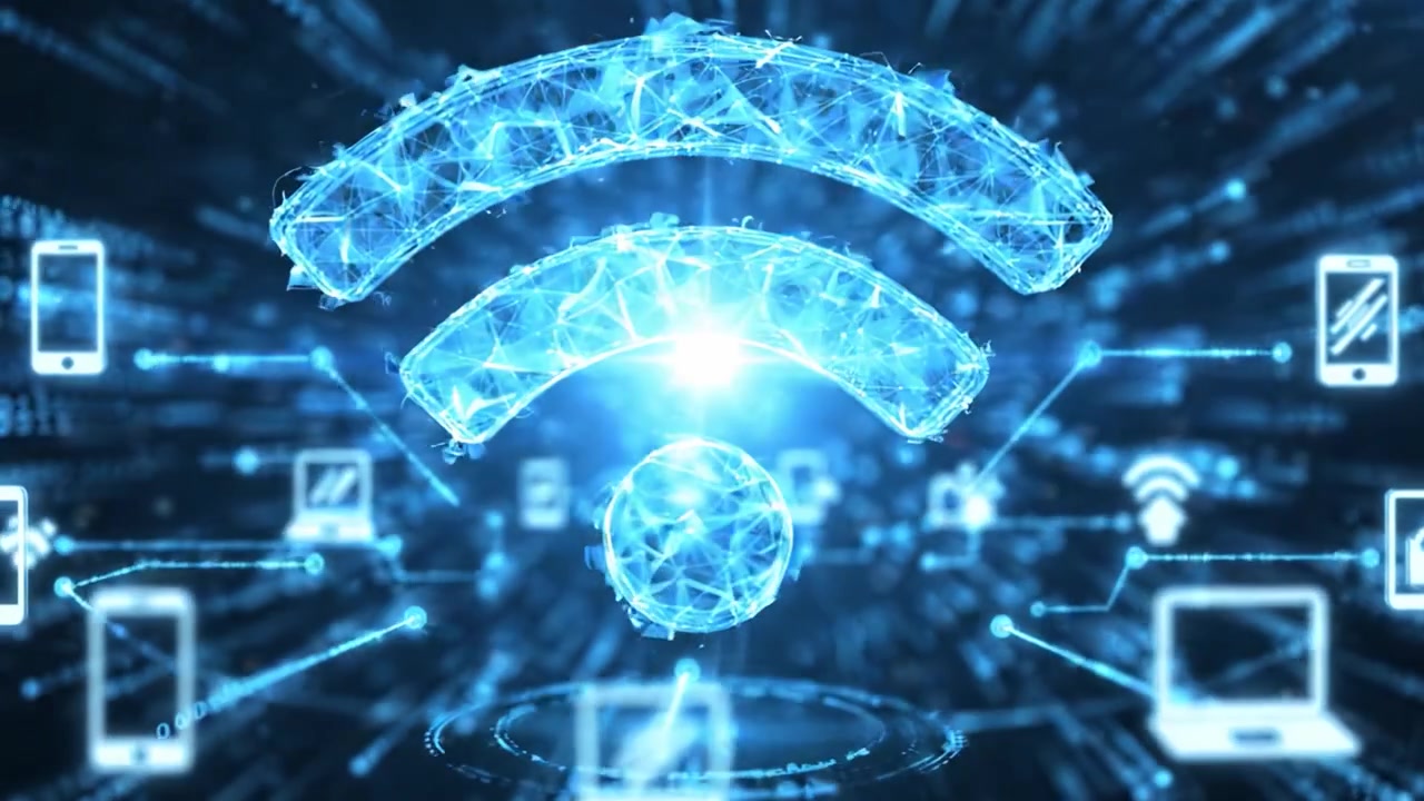 Udforskning af den dynamiske strøm af digitale data og konnektivitet, repræsenteret af et glødende Wi-Fi-symbol mod en baggrund af strømmende binær kode.