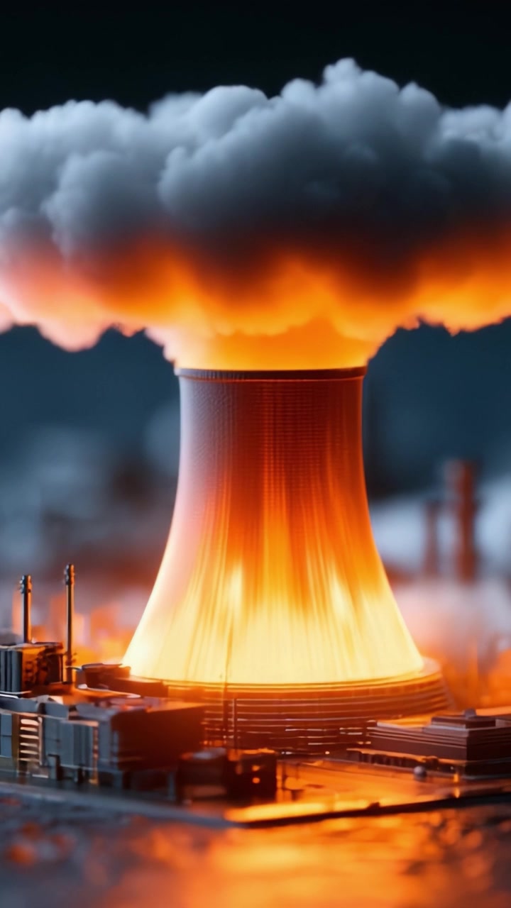 An intense and captivating portrayal of a nuclear reactor releasing an enormous cloud of smoke, showcasing the powerful blend of technology and nature in a dramatic scene.