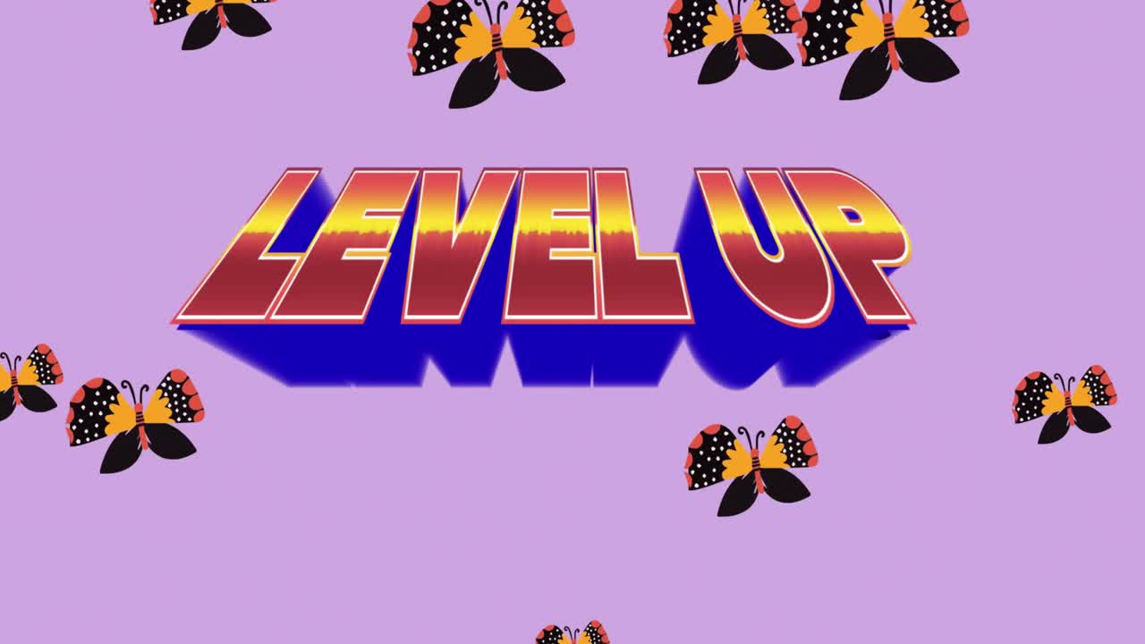 나비와 함께 디지털 추상 공간에서 레벨을 올리는 애니메이션