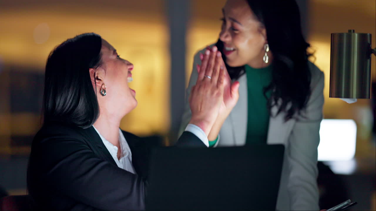 Laptop, high five and collaboration with business