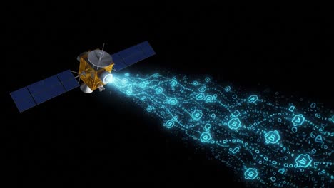 a futuristic space probe emitting vibrant data streams in outer space, showcasing the convergence of technology and astrophysics through digital symbols