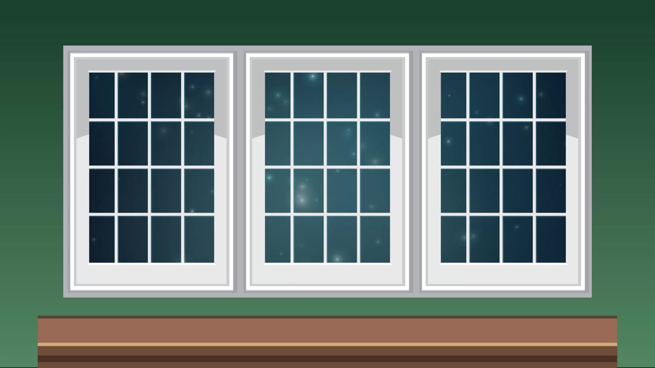 Glowing magical particles drift upwards behind a white triple window frame against a dark wall.