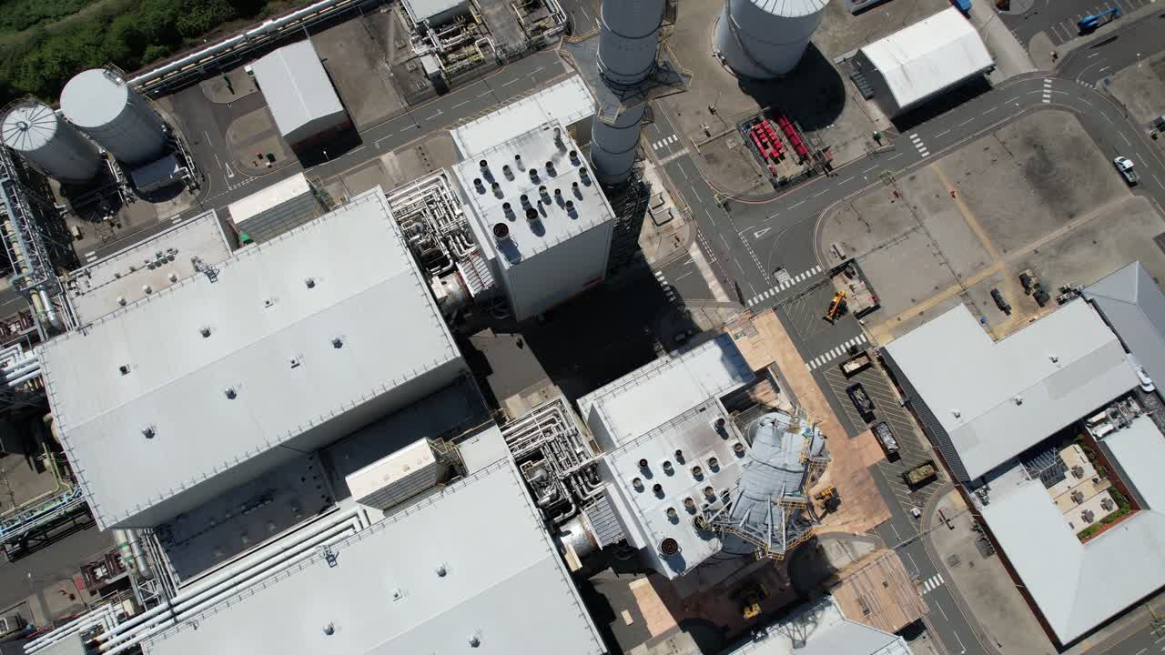 Top down view storm damaged chimneys CHP Power station Kent UK
