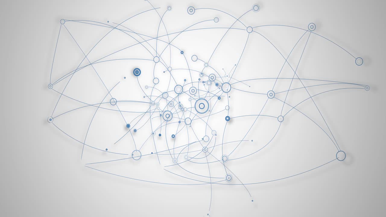 Animation of blue network of connections with spots over grey background