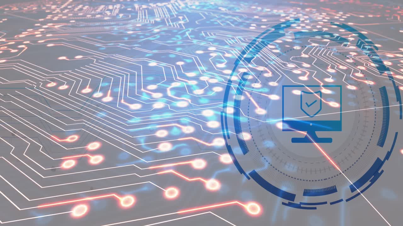 검은색 배경에 데이터 처리를 통해 컴퓨터 아이콘의 애니메이션