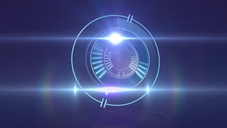 animación de haces de luz en movimiento y cerradura de seguridad circular girando sobre un fondo oscuro