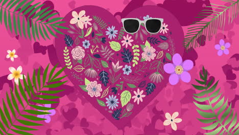 animation of hearts with flowers and sunglasses on pink background