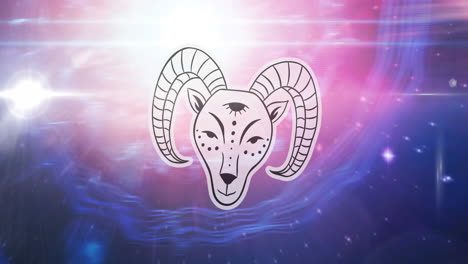 animation of aries star sign over sun shining and stars on night pink to blue sky