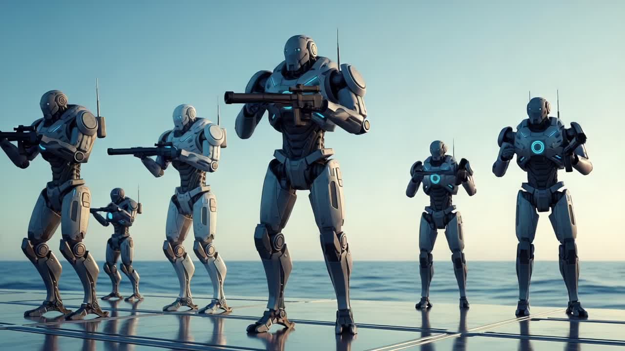 Dynamic Formation of Futuristic Combat Robots in a Coastal Setting, Displaying Advanced Technology and Tactical Readiness for an Evolving Battlefield Scenario