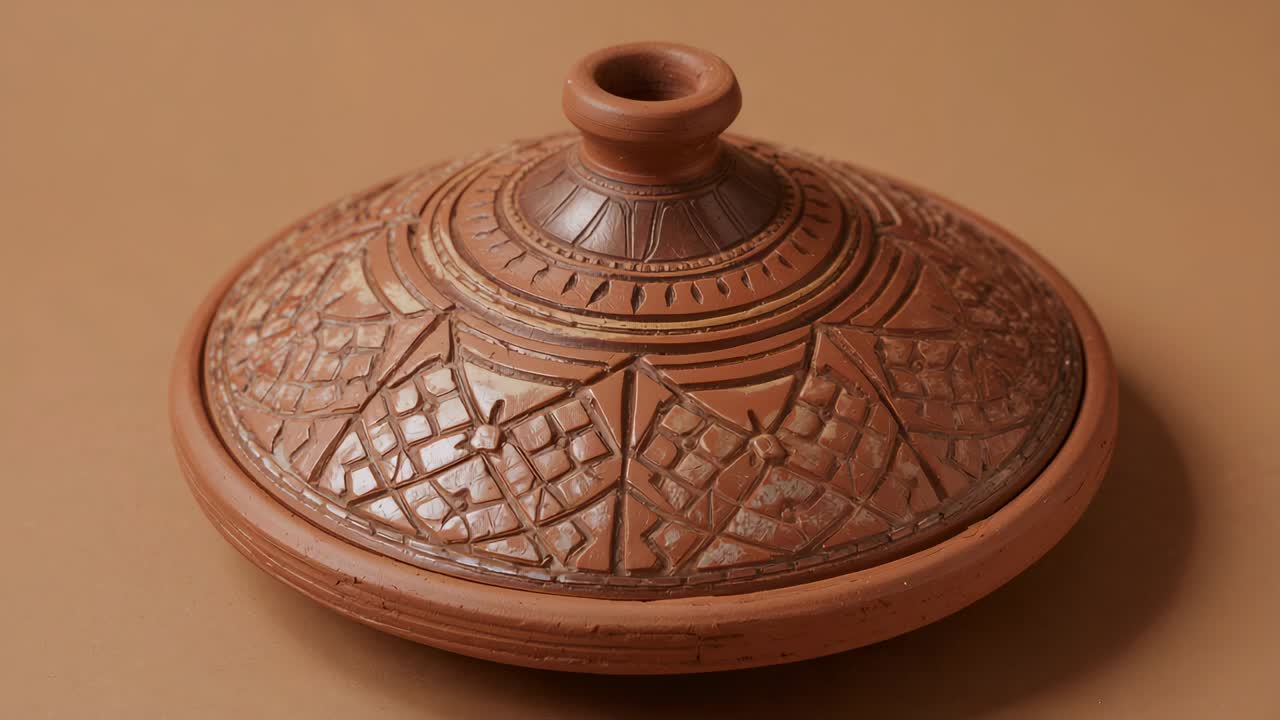 Çekim başlıyor; kamera yaklaşarak, bej zemindeki terakota kapak tutacağını ve oyma desenleri ön plana çıkarıyor.