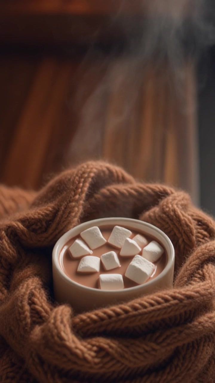 Tazza fumante di cioccolata calda con marshmallow avvolta in una sciarpa di maglia accogliente