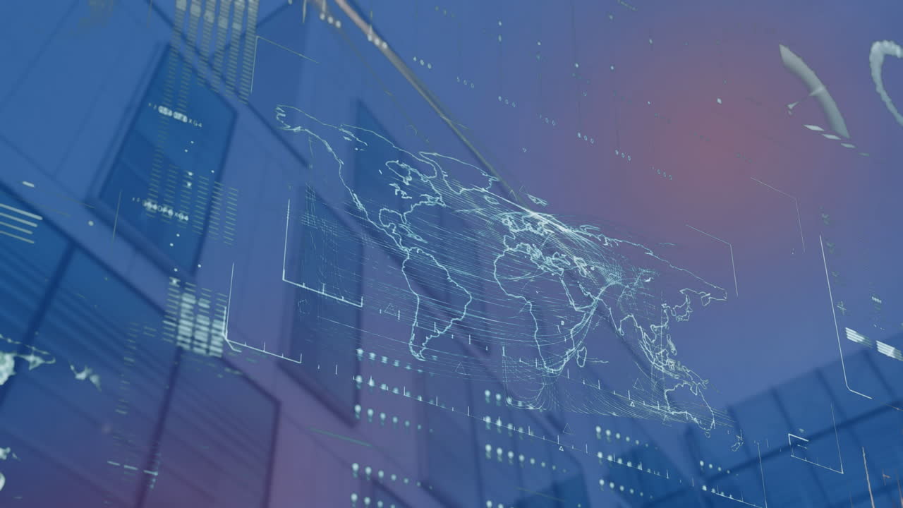 높은 건물의 낮은 각도 뷰에 대한 세계 지도에 대한 데이터 처리 인터페이스의 애니메이션