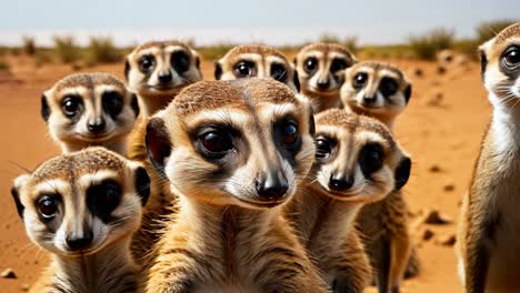 a group of meerkats standing in a line looking at the camera