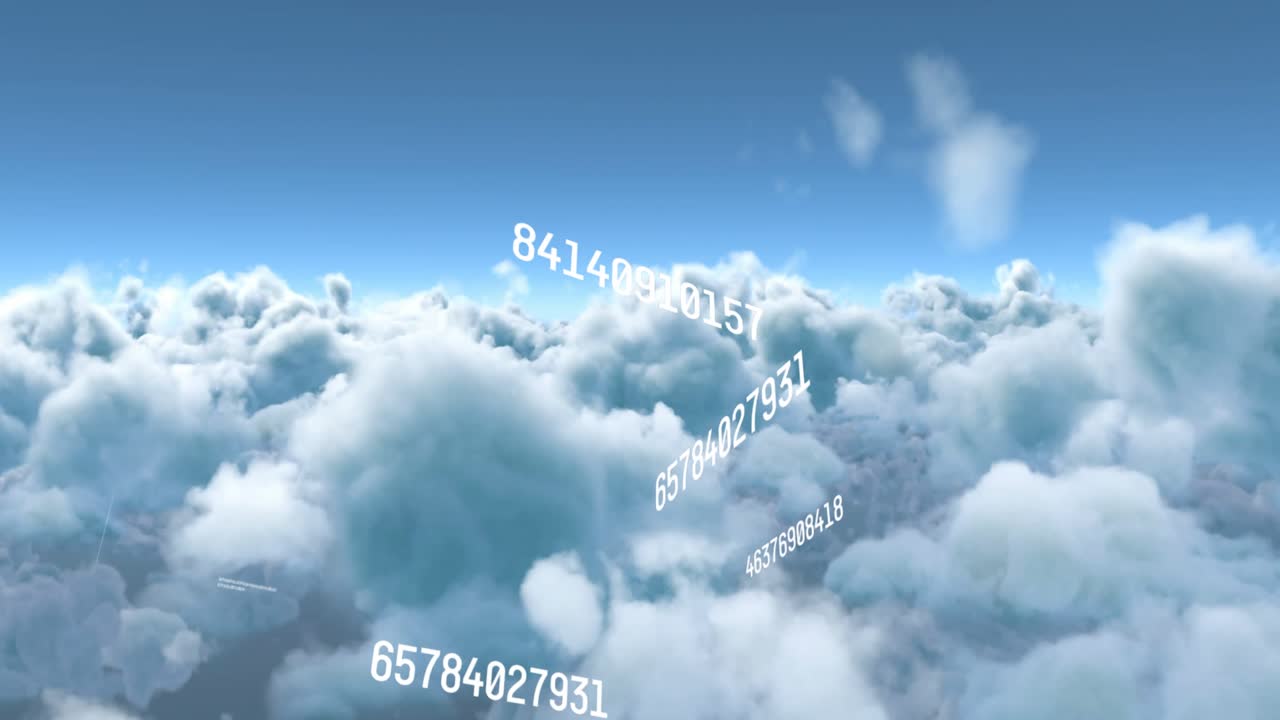 Animation von sich ändernden Zahlen und Datenverarbeitung vor Wolken am Himmel