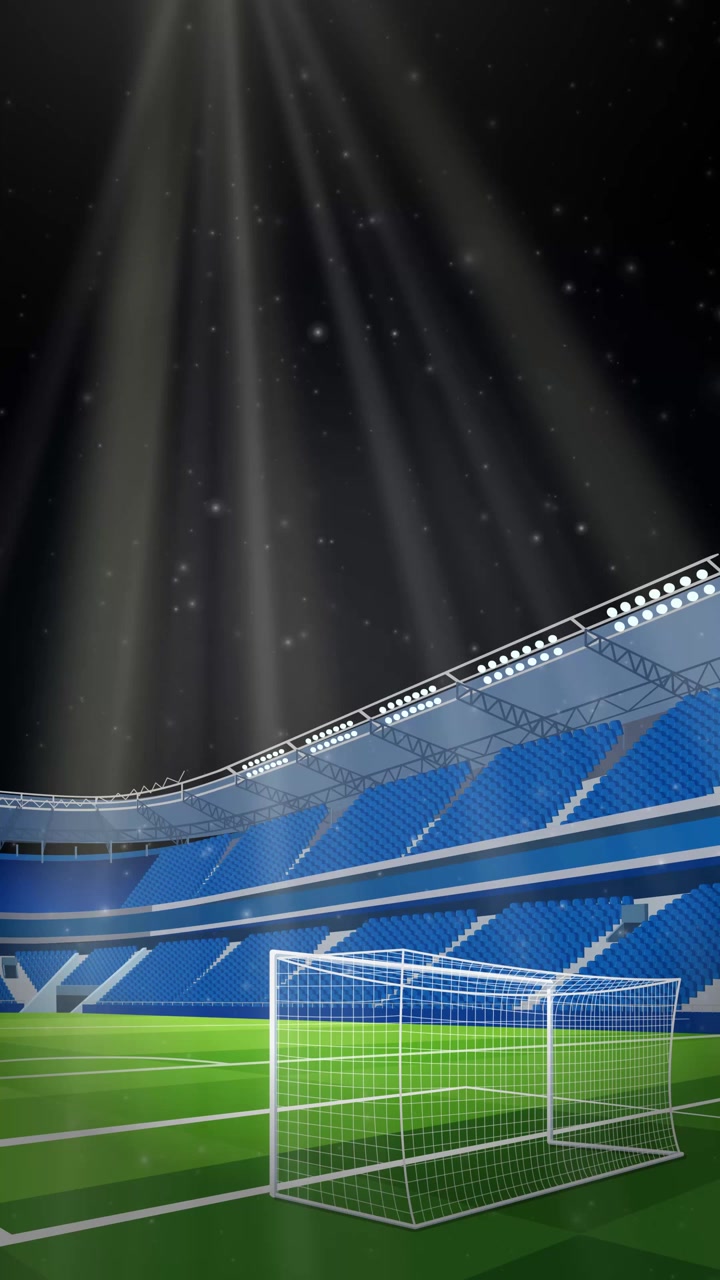Empty soccer stadium at night with bright spotlights, green turf, and drifting magic glow particles.