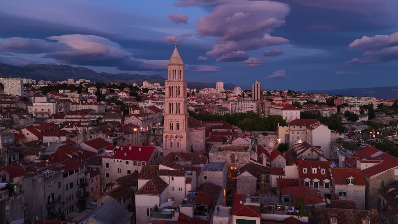 A View Of St Domnius Cathedral Bell Tower At Sunset In Split, Croatia. Aerial Drone Shot