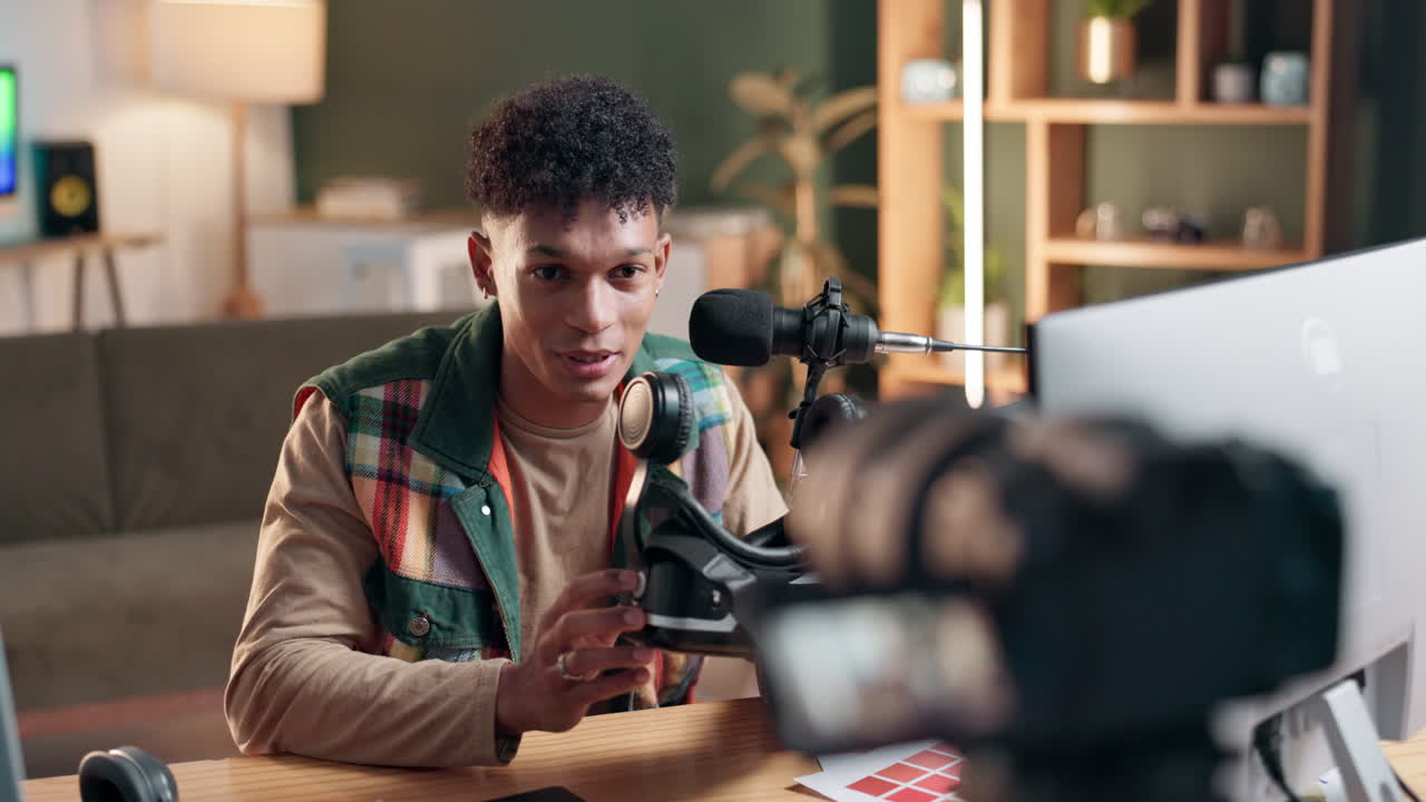 Man recording video with VR headset in studio