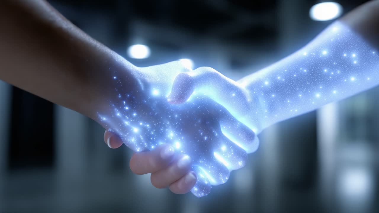 Un incontro dinamico: due mani che si stringono in una rappresentazione cosmica di luce, a simboleggiare connessione e unità attraverso un abbraccio scintillante e stellato
