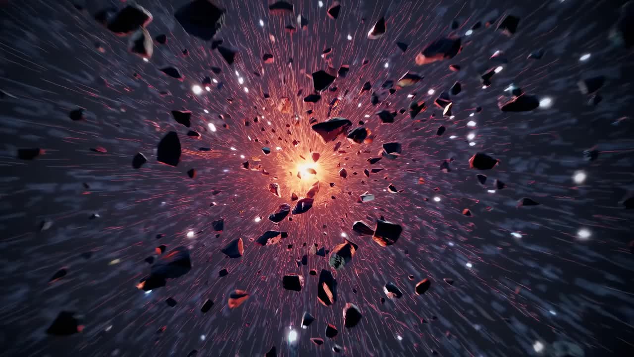 Video dinamico di un campo di asteroidi con una stella centrale incandescente, ripreso da una angolazione in prima persona