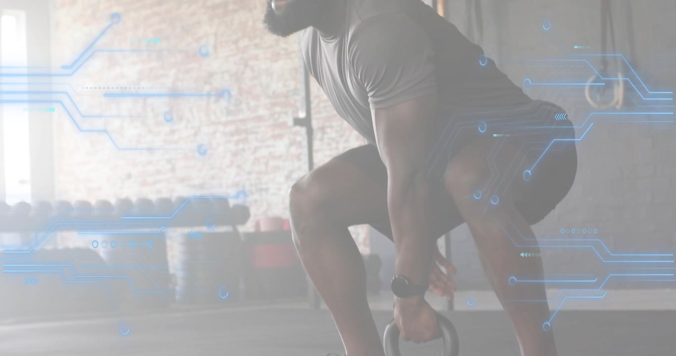 Fitness enthusiast adjusting stance over kettlebell wrapping grip and lifting into front rack clean