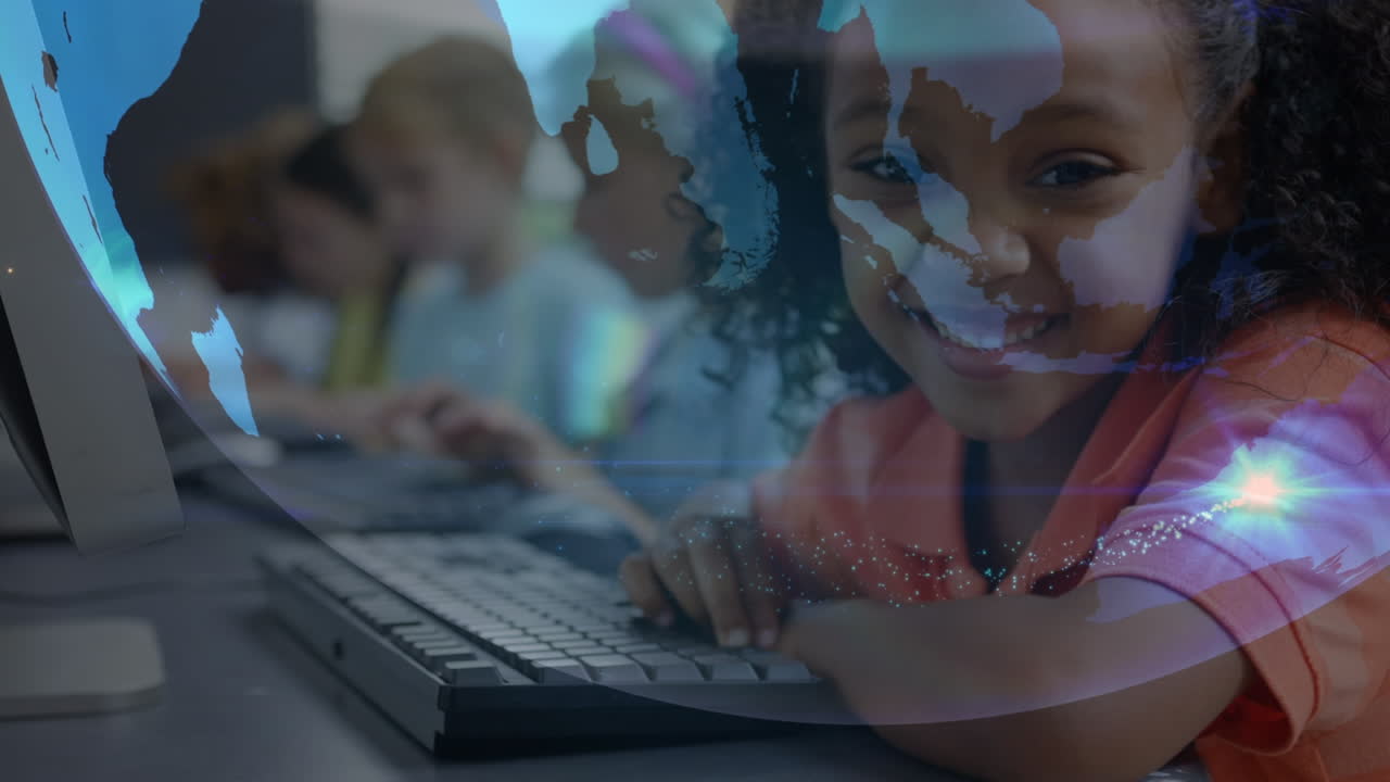 Animation of globe over diverse schoolchildren using computers in classroom