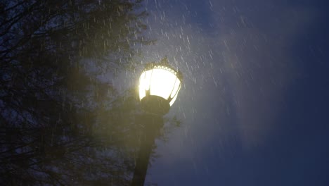 lámpara de calle en la lluvia por la noche gotas de agua en la lente de la cámara