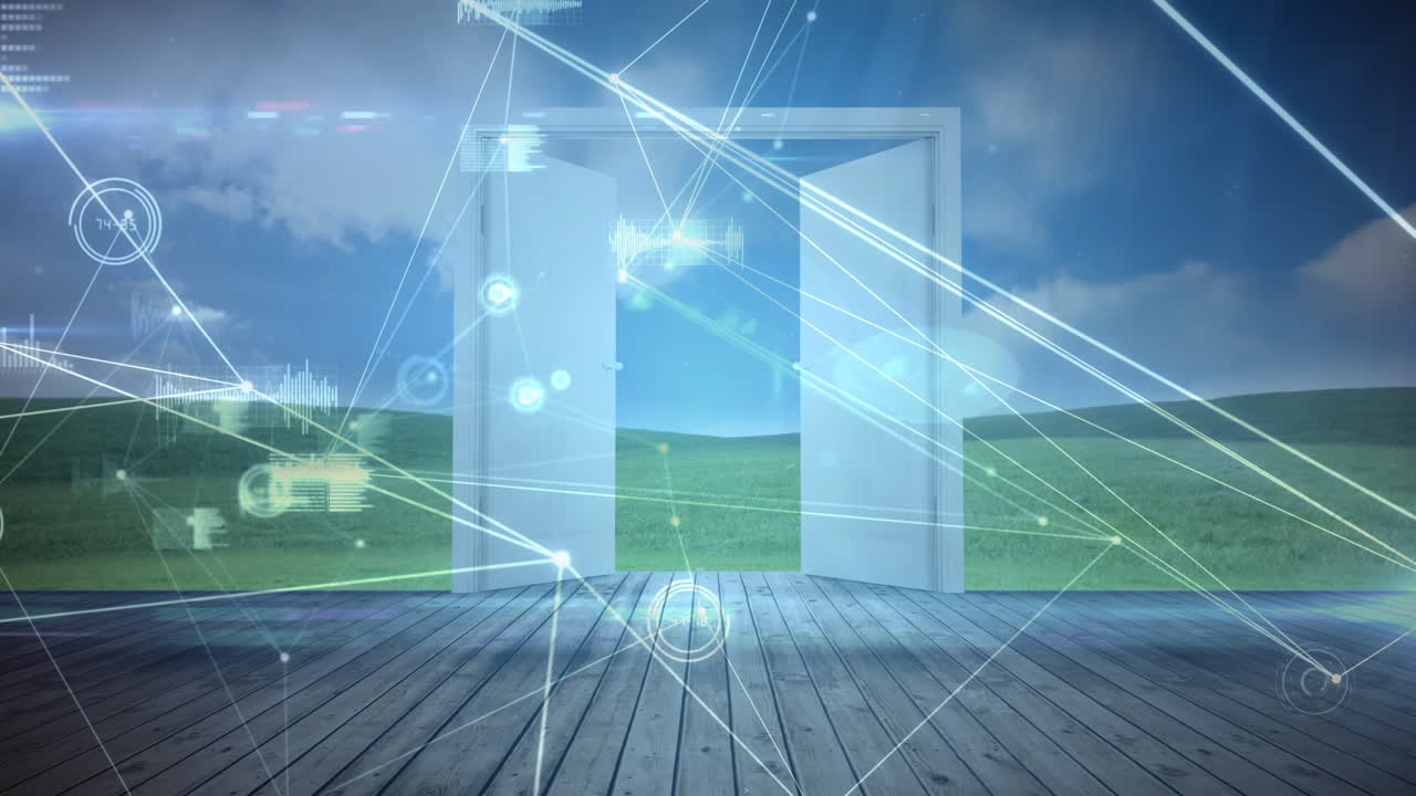 하늘, 바다 및 개방된 문에 대한 연결 네트워크와 다양한 데이터의 애니메이션