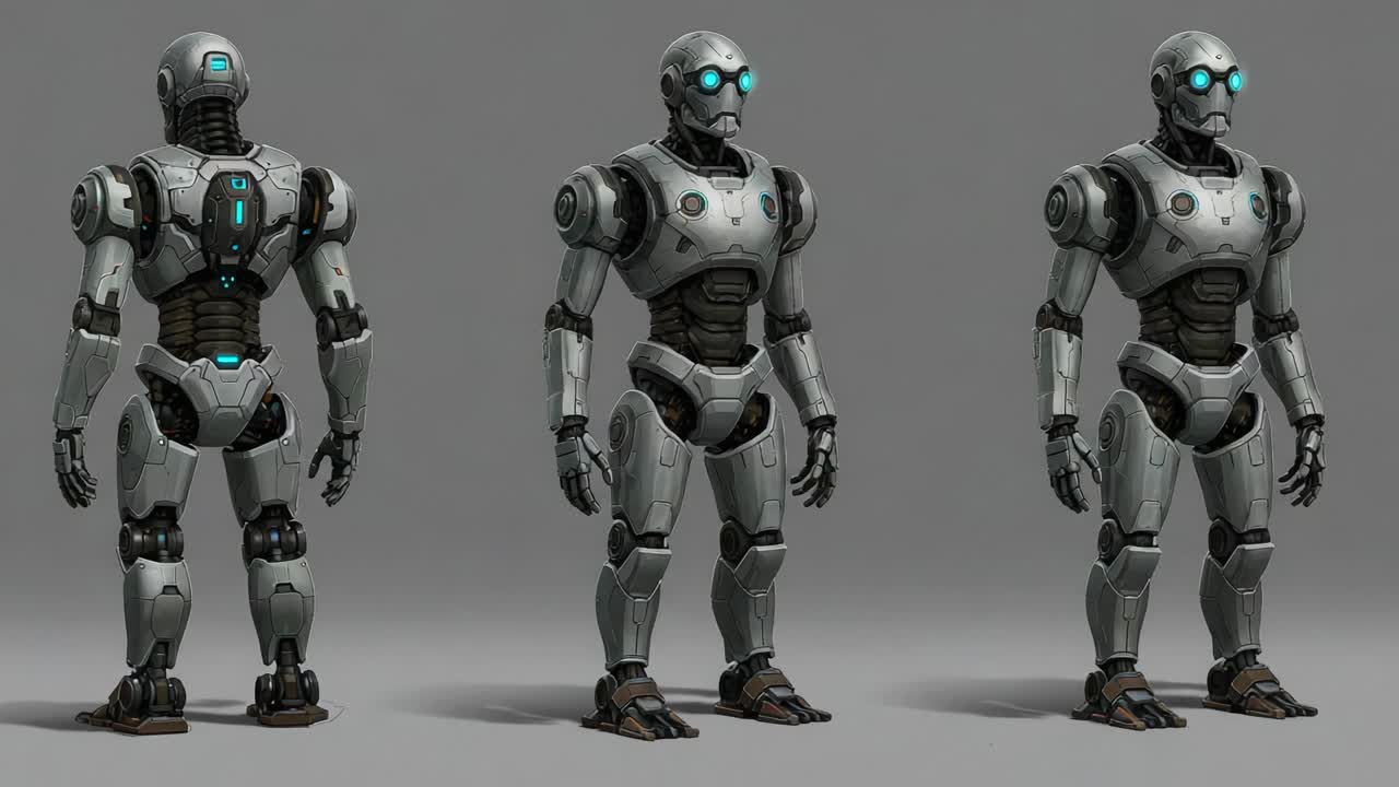 Detailed Design of a Futuristic Robot Character Featuring a Sleek Aesthetic with Innovative Features and Unique Color Accents in Three-Dimensional Perspective