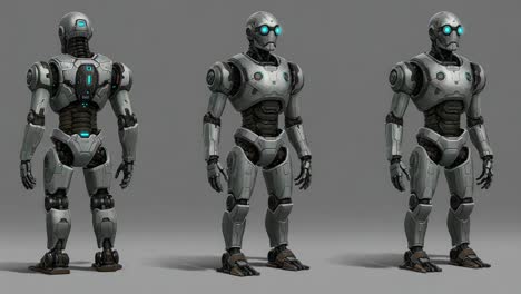 detailed design of a futuristic robot character featuring a sleek aesthetic with innovative features and unique color accents in three-dimensional perspective
