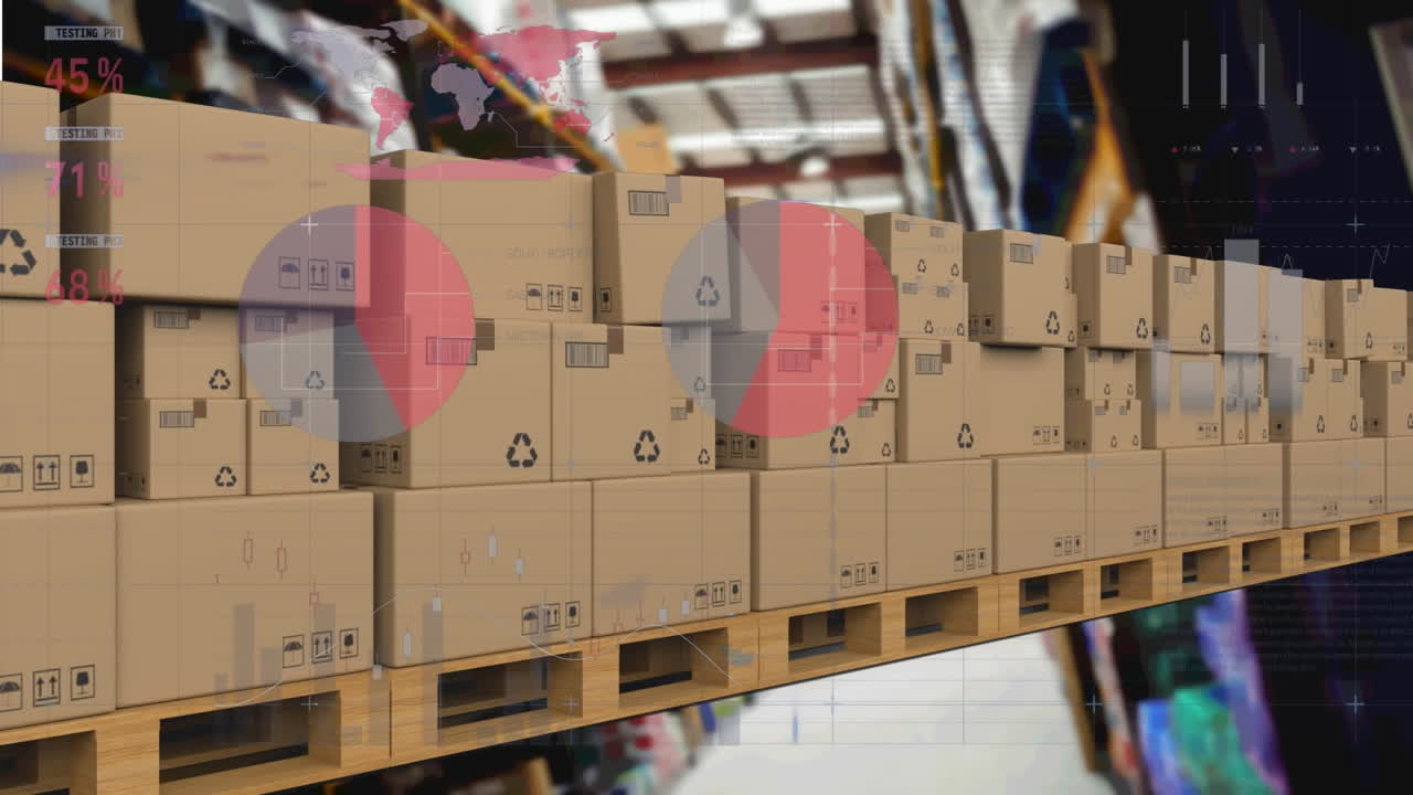 анимация обработки статистики над картонными коробками на конвейерной ленте в фоновом режиме