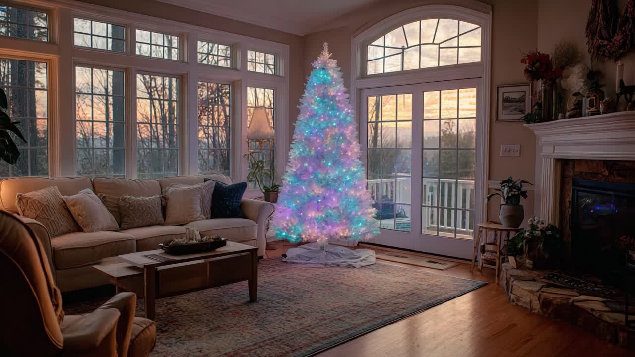 A Cozy Living Room Decorated for the Holidays Featuring a Beautifully Lit Christmas Tree Against a Sunset Background