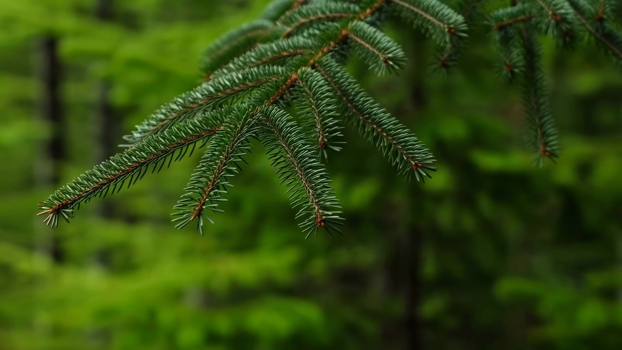 Sharp spruce needles hang in the foreground with soft woodland bokeh behind, lit by natural daylight