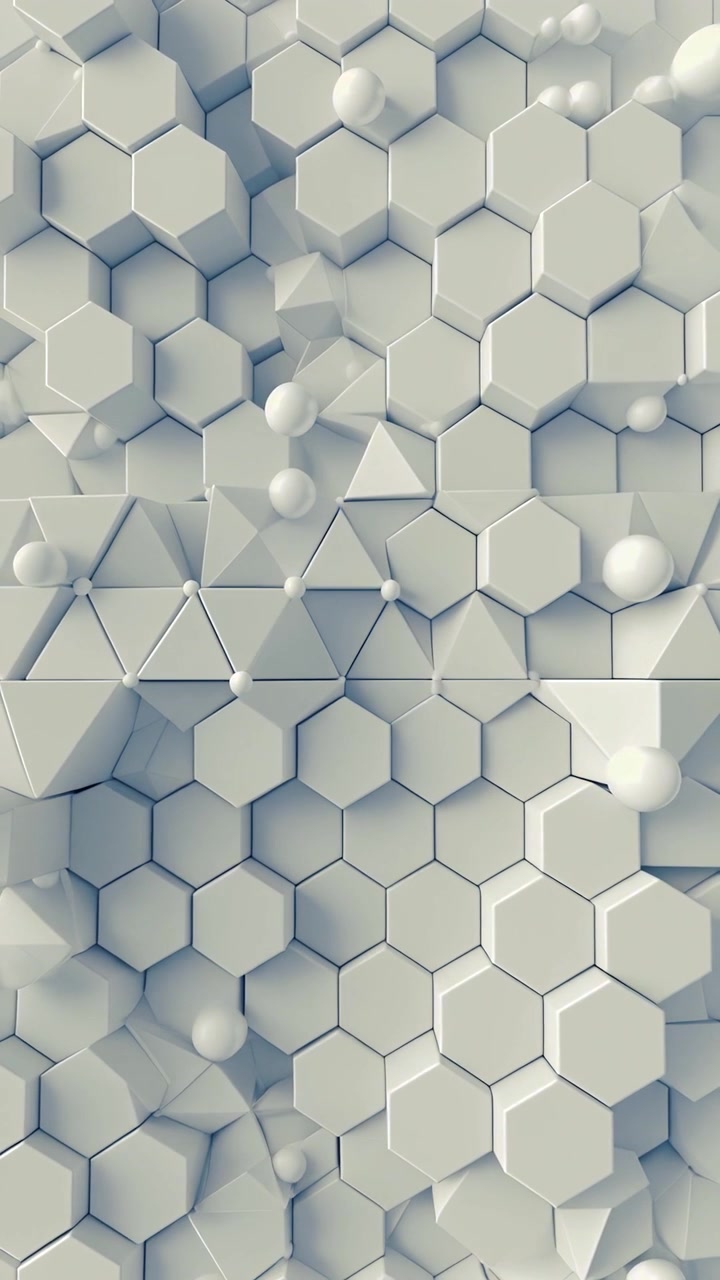 Animação 3D Abstrata de Ladrilhos Hexagonais Brancos e Esferas em Movimento