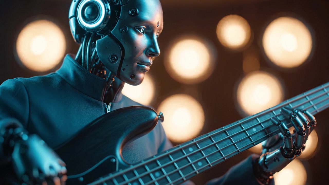 Parlak sahne ışıkları altında bas gitar çalan, müzikal bir performans ortamında gelişmiş mekaniği ve sanatsallığı sergileyen fütüristik bir insansı robot.