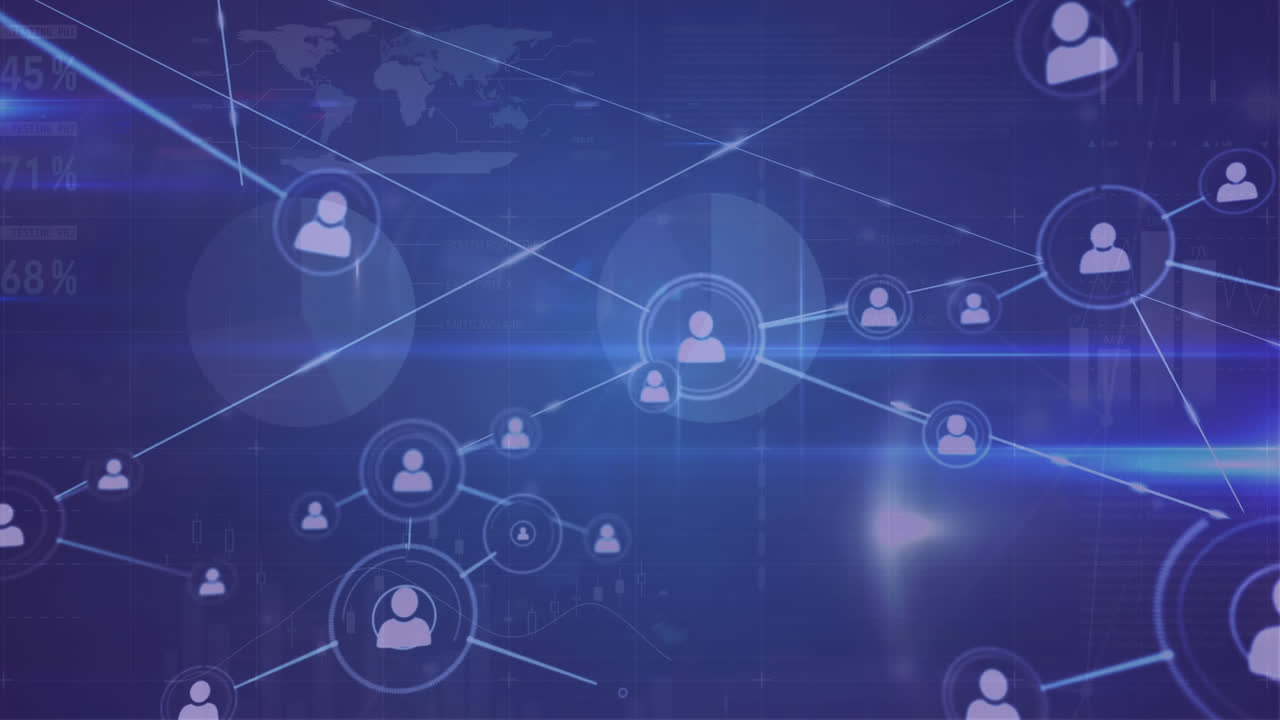 animación de la red de iconos de perfil, procesamiento de datos estadísticos y punto de luz sobre fondo azul