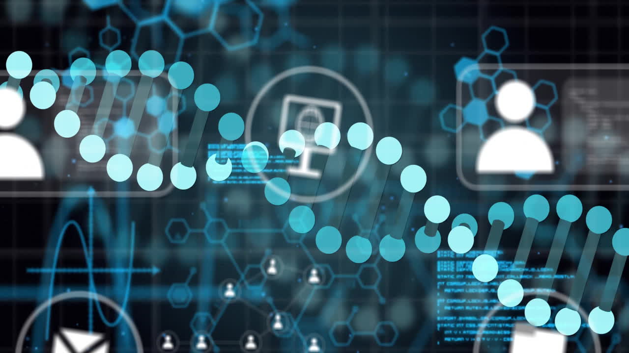 íconos de comunicación digital sobre red abstracta y animación de procesamiento de datos