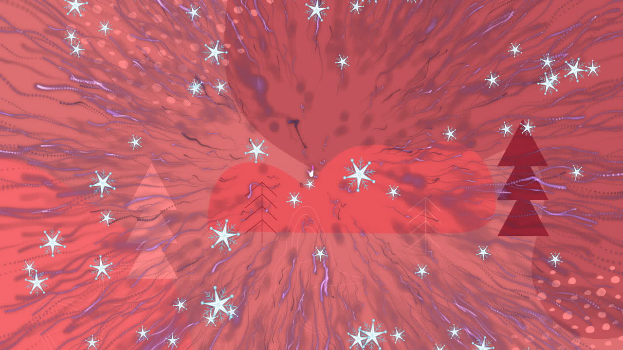 별 아이콘과 보라색 빛의 흔적은 크리스마스 트리 아이콘과 추상적인 모양에 대해 폭발합니다.