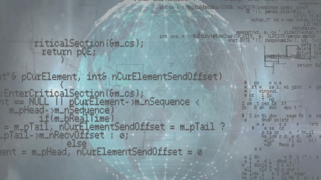 Monospace code sliding from upper left overlaying globe, visualizing network data flow