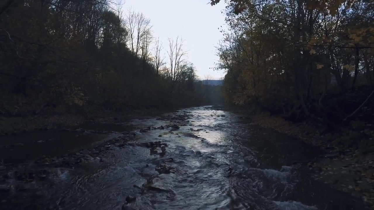 Quiete del tardo autunno. Drone che vola basso sopra un fiume di montagna serpeggiante e poco profondo. L'acqua scorre costantemente su rocce sparse. Alberi spogli e dorati costeggiano le rive. Cielo grigio e coperto. Calmo, suggestivo