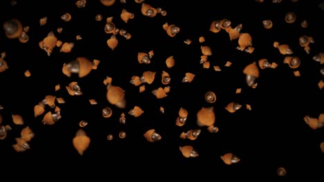 volando muchas bellotas de otoño en fondo negro. símbolo de la caída, nueces de roble, regalos de la caída. animación 3d de semillas de bellota girando. animación de bucle.