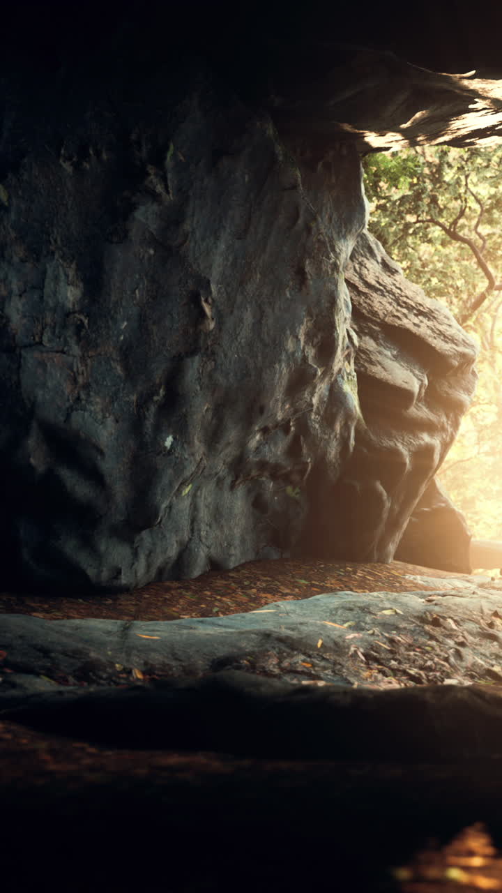 una entrada oscura de la cueva con luz fluyendo en