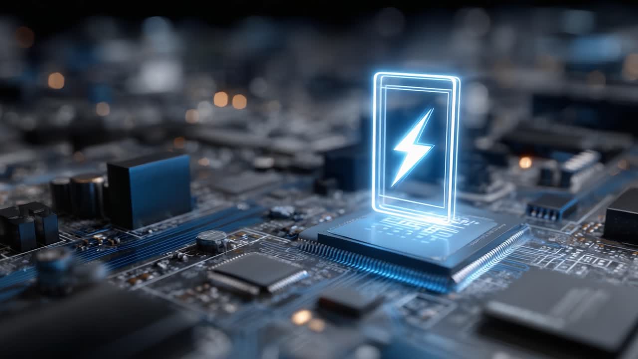 A technological close-up showcasing an intricate circuit board design featuring a glowing battery icon, emphasizing the concept of power in modern electronics and devices