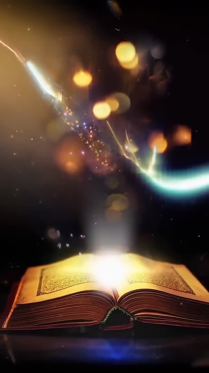 Luce magica e particelle scintillanti che emanano da un libro aperto